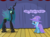 Size: 1280x957 | Tagged: safe, artist:evil-dec0y, queen chrysalis, trixie, changeling, changeling queen, pony, unicorn, comic:trixie vs., g4, cape, clothes, duo, duo female, female, hat, mare, stage, trixie's cape, trixie's hat