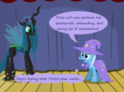 Size: 1280x957 | Tagged: safe, artist:evil-dec0y, queen chrysalis, trixie, changeling, changeling queen, pony, unicorn, comic:trixie vs., g4, cape, clothes, duo, duo female, female, hat, mare, stage, trixie's cape, trixie's hat