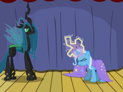 Size: 1280x957 | Tagged: safe, artist:evil-dec0y, queen chrysalis, trixie, changeling, changeling queen, pony, unicorn, comic:trixie vs., g4, cape, clothes, duo, duo female, female, glowing horn, hat, horn, magic, mare, stage, tongue out, trixie's cape, trixie's hat