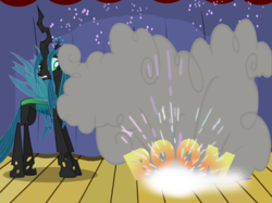 Size: 1280x957 | Tagged: safe, artist:evil-dec0y, queen chrysalis, trixie, changeling, changeling queen, pony, unicorn, comic:trixie vs., g4, duo, duo female, female, mare, smoke, stage