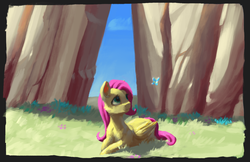 Size: 1518x986 | Tagged: safe, artist:eqlipse, fluttershy, butterfly, pegasus, pony, g4, detailed background, female, mare, painterly, peaceful, solo