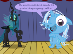 Size: 1280x957 | Tagged: safe, artist:evil-dec0y, queen chrysalis, trixie, changeling, changeling queen, pony, unicorn, comic:trixie vs., g4, bipedal, clothes, costume, duo, duo female, female, mare, pony costume, stage