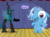 Size: 1280x957 | Tagged: safe, artist:evil-dec0y, queen chrysalis, trixie, changeling, changeling queen, pony, unicorn, comic:trixie vs., g4, bipedal, clothes, costume, duo, duo female, female, mare, pony costume, stage