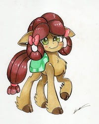 Size: 2137x2669 | Tagged: safe, artist:luxiwind, yona, earth pony, pony, g4, she's all yak, blushing, bow, cute, female, floppy ears, hair bow, high res, leg fluff, mare, monkey swings, ponified, pony yona, solo, species swap, traditional art, yonadorable