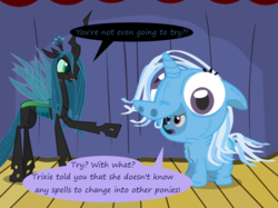 Size: 1280x957 | Tagged: safe, artist:evil-dec0y, queen chrysalis, trixie, changeling, changeling queen, pony, unicorn, comic:trixie vs., g4, clothes, costume, duo, duo female, female, mare, pony costume, stage