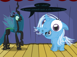 Size: 1280x957 | Tagged: safe, artist:evil-dec0y, queen chrysalis, trixie, changeling, changeling queen, pony, unicorn, comic:trixie vs., g4, clothes, costume, duo, duo female, female, mare, pony costume, stage