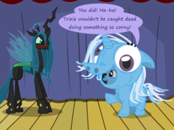 Size: 1280x957 | Tagged: safe, artist:evil-dec0y, queen chrysalis, trixie, changeling, changeling queen, pony, unicorn, comic:trixie vs., g4, angry, blushing, clothes, costume, duo, duo female, female, hypocritical humor, mare, pony costume, stage