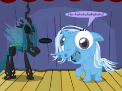 Size: 1280x957 | Tagged: safe, artist:evil-dec0y, queen chrysalis, trixie, changeling, changeling queen, pony, unicorn, comic:trixie vs., g4, clothes, costume, duo, duo female, eyes closed, female, laughing, mare, pony costume, stage