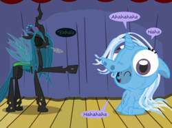 Size: 1280x957 | Tagged: safe, artist:evil-dec0y, queen chrysalis, trixie, changeling, changeling queen, pony, unicorn, comic:trixie vs., g4, clothes, costume, duo, duo female, eyes closed, female, laughing, mare, pony costume, stage
