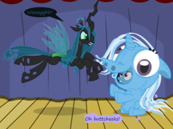 Size: 1280x957 | Tagged: safe, artist:evil-dec0y, queen chrysalis, trixie, changeling, changeling queen, pony, unicorn, comic:trixie vs., g4, clothes, costume, duo, duo female, female, leaping, mare, pony costume, stage