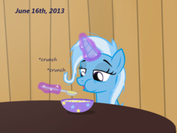 Size: 1200x900 | Tagged: safe, artist:evil-dec0y, trixie, pony, unicorn, comic:trixie vs., g4, bowl, cereal, eating, female, food, glowing horn, horn, magic, mare, messy mane, morning ponies, onomatopoeia, solo, telekinesis