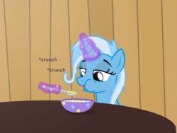 Size: 1200x900 | Tagged: safe, artist:evil-dec0y, trixie, pony, unicorn, comic:trixie vs., g4, bowl, eating, female, glowing horn, horn, magic, mare, messy mane, onomatopoeia, solo, telekinesis