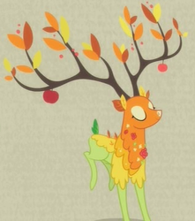 Size: 451x511 | Tagged: safe, the great seedling, deer, dryad, elk, g4, going to seed, apple, branches for antlers, cropped, eyes closed, food, male, solo, spirit