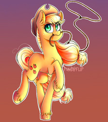 Size: 733x825 | Tagged: safe, artist:fundipflip, applejack, earth pony, pony, g4, cute, ear fluff, female, gradient background, jackabetes, lasso, mare, mouth hold, rope, solo, unshorn fetlocks