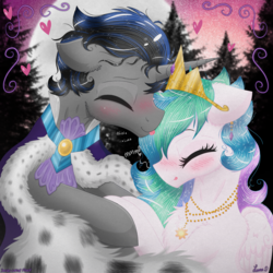 Size: 3000x3000 | Tagged: safe, artist:darkest-lunar-flower, idw, king sombra, princess celestia, alicorn, pony, unicorn, g4, spoiler:comic, blushing, cape, clothes, crown, cute, cutelestia, female, good king sombra, heart, high res, jewelry, licking, little tongue, male, mare, moon, necklace, regalia, ship:celestibra, shipping, sky, sombradorable, stallion, stars, straight, sweet dreams fuel, tongue out, tree, weapons-grade cute