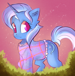 Size: 1273x1286 | Tagged: safe, artist:autumnvoyage, trixie, pony, unicorn, g4, clothes, cute, diatrixes, ear fluff, female, mare, see-through, shirt, smiling, solo