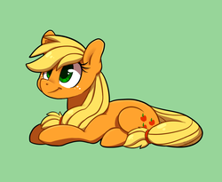 Size: 1000x818 | Tagged: safe, artist:saber-panda, applejack, earth pony, pony, g4, cute, female, green background, hatless, jackabetes, mare, missing accessory, prone, simple background, solo