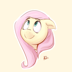 Size: 2000x2000 | Tagged: safe, artist:sea-maas, fluttershy, pegasus, pony, g4, bust, cute, female, floppy ears, high res, looking up, mare, outline, portrait, shyabetes, simple background, smiling, solo, three quarter view, white outline, yellow background