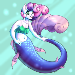 Size: 6992x6992 | Tagged: safe, artist:faline-art, sweetie belle, mermaid, anthro, g4, belly button, female, mermaidized, smiling, solo, species swap