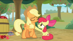 Size: 1280x720 | Tagged: safe, screencap, apple bloom, applejack, earth pony, pony, g4, going to seed, animated, apple, apple sisters, cartoonito logo, cutie mark, duo, female, filly, foal, food, italian, mare, no sound, the cmc's cutie marks, webm