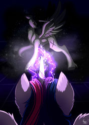 Size: 1024x1449 | Tagged: safe, alternate version, artist:julunis14, twilight sparkle, oc, alicorn, pony, g4, alicorn oc, ethereal mane, fanfic, fanfic art, fanfic cover, flowing hair, flowing mane, glowing horn, horn, magic, rainbow hair, twilight sparkle (alicorn)