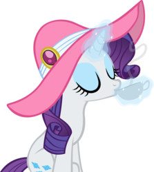 Size: 4240x4758 | Tagged: safe, artist:ironm17, rarity, pony, unicorn, g4, sweet and elite, cup, drinking, eyes closed, eyeshadow, female, food, hat, magic, magic aura, makeup, raritea, simple background, sitting, solo, tea, transparent background, vector