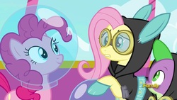 Size: 1920x1080 | Tagged: safe, screencap, fluttershy, pinkie pie, spike, dragon, earth pony, pegasus, pony, g4, sparkle's seven, astronaut pinkie, bunny ears, clothes, costume, dangerous mission outfit, female, fish bowl, goggles, helmet, hoodie, male, mare, winged spike, wings