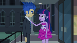 Size: 1920x1080 | Tagged: safe, screencap, flash sentry, twilight sparkle, alicorn, equestria girls, g4, my little pony equestria girls, bare shoulders, canterlot high, clothes, dress, fall formal outfits, female, male, ship:flashlight, shipping, sleeveless, straight, strapless, twilight ball dress, twilight sparkle (alicorn)