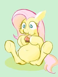 Size: 410x546 | Tagged: safe, artist:noupu, fluttershy, pegasus, pony, g4, belly, belly button, big belly, chubby, eating, fat, fattershy, female, food, mare, pie, simple background, solo, underhoof