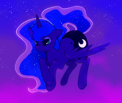 Size: 1280x1080 | Tagged: safe, artist:byebyebat, princess luna, alicorn, pony, g4, color porn, cute, ethereal mane, female, flying, gradient background, lunabetes, mare, night, solo, starry mane, stars