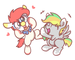 Size: 2560x2048 | Tagged: safe, alternate version, artist:sugar morning, oc, oc only, oc:jester jokes, oc:odd inks, earth pony, pegasus, pony, clown, couple, cute, female, heart, high res, laughing, male, mare, silly, silly face, stallion