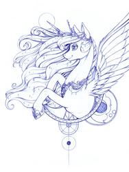 Size: 1219x1622 | Tagged: safe, artist:longinius, princess luna, alicorn, pony, g4, female, horn, horn jewelry, jewelry, mare, monochrome, pencil drawing, portrait, simple background, sketch, solo, traditional art, white background
