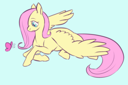 Size: 1280x853 | Tagged: safe, artist:feroxaurus, fluttershy, butterfly, pegasus, pony, g4, blue background, cute, female, hair over one eye, no more ponies at source, prone, shyabetes, simple background, solo, spread wings, wings