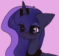 Size: 700x671 | Tagged: safe, artist:byebyebat, princess luna, alicorn, pony, g4, bust, constellation, constellation hair, crown, cute, ethereal mane, female, freckles, jewelry, lunabetes, mare, pink background, portrait, purple background, regalia, simple background, solo, starry mane