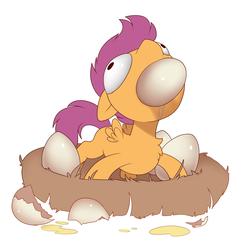 Size: 2717x2677 | Tagged: safe, artist:evehly, scootaloo, pegasus, pony, g4, cannibalism, chest fluff, derp, eating, egg, female, filly, high res, nest, scootachicken, solo, wat, why