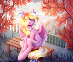 Size: 2346x2000 | Tagged: safe, artist:kottonashi, artist:sweesear, oc, oc only, oc:bay breeze, pegasus, pony, bench, blushing, bow, collaboration, female, hair bow, hair over one eye, high res, looking up, mare, sitting, solo, tail bow, ych result