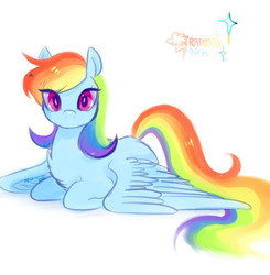Size: 1280x1308 | Tagged: safe, artist:mirululu, rainbow dash, pegasus, pony, chest fluff, cute, dashabetes, female, looking at you, mare, no mouth, ponyloaf, prone, simple background, solo, spread wings, white background, wings