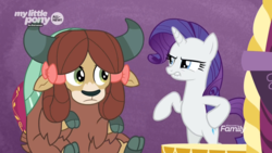 Size: 1920x1080 | Tagged: safe, edit, edited screencap, screencap, rarity, yona, pony, unicorn, yak, g4, season 9, she's all yak, bipedal, bow, cloven hooves, discovery family logo, disgusted, duo, female, fit right in, hair bow, mare, meme, meme origin, monkey swings