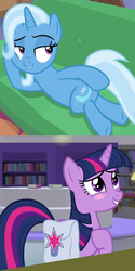 Size: 1064x2136 | Tagged: safe, edit, edited screencap, screencap, trixie, twilight sparkle, pony, unicorn, g4, road to friendship, the point of no return, blushing, comic, draw me like one of your french girls, female, lesbian, library, reaction, saddle bag, screencap comic, ship:twixie, shipping, unicorn twilight