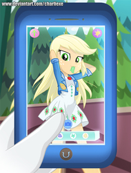 Size: 519x682 | Tagged: safe, artist:charliexe, applejack, rarity, equestria girls, festival filters, g4, my little pony equestria girls: better together, cellphone, clothes, dress, female, freckles, jacket, music festival outfit, phone, tree