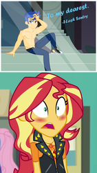 Size: 2048x3642 | Tagged: safe, artist:orin331, edit, edited screencap, screencap, flash sentry, sunset shimmer, equestria girls, equestria girls series, forgotten friendship, g4, blushing, converse, female, high res, male, reaction, ship:flashimmer, shipping, shoes, sneakers, straight