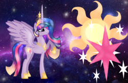 Size: 1383x903 | Tagged: safe, artist:nightmarelunafan, princess celestia, twilight sparkle, oc, oc:princess solar sparkle, alicorn, pony, g4, fusion, twilight sparkle (alicorn), wallpaper