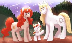 Size: 1151x694 | Tagged: safe, artist:spazzyhippie, oc, oc:lucky charm, pony, unicorn, blonde hair, colt, family, family photo, father, female, male, mare, married couple, mother, offspring, parent, red hair, stallion
