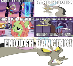 Size: 668x602 | Tagged: safe, edit, edited screencap, editor:undeadponysoldier, screencap, discord, tree hugger, earth pony, pony, g4, make new friends but keep discord, angry, canterlot, caption, dancing, female, funny, funny as hell, hippie, image macro, male, mare, meme, reference sheet, simple background, text, vortex, white background, wrong aspect ratio
