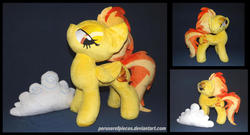 Size: 1600x863 | Tagged: safe, artist:peruserofpieces, spitfire, pegasus, pony, g4, accessory, bedroom eyes, cloud, confident, female, folded wings, irl, lidded eyes, mare, missing accessory, photo, plushie, raised head, seductive, smiling, solo, wings