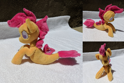 Size: 2382x1587 | Tagged: safe, artist:plushbyanto, scootaloo, seapony (g4), g4, beanie (plushie), chibi, cute, cutealoo, female, filly, fins, front view, irl, lying down, minky, no mouth, no nose, no pupils, photo, plushie, profile, race swap, seaponified, seapony scootaloo, solo, species swap, tail fin, toy