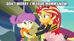 Size: 600x337 | Tagged: safe, edit, edited screencap, screencap, sunset shimmer, water lily (g4), equestria girls, equestria girls series, g4, spring breakdown, spoiler:eqg series (season 2), caption, child, female, image macro, implied kidnapping, irl, lifejacket, memeful.com, photo, plushie, ponied up, super ponied up, text