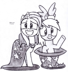 Size: 2533x2678 | Tagged: safe, artist:drchrisman, derpy hooves, trixie, pony, a matter of principals, g4, high res, pony out of a hat, traditional art