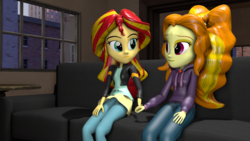 Size: 1920x1080 | Tagged: safe, artist:razethebeast, adagio dazzle, sunset shimmer, equestria girls, g4, 3d, clothes, couch, female, holding hands, hoodie, indoors, lesbian, pants, ship:sunsagio, shipping, sitting, source filmmaker
