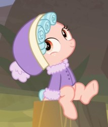Size: 569x667 | Tagged: safe, screencap, cozy glow, pegasus, pony, frenemies (episode), g4, cozybetes, cropped, cute, female, filly, foal, hat, solo, winter outfit